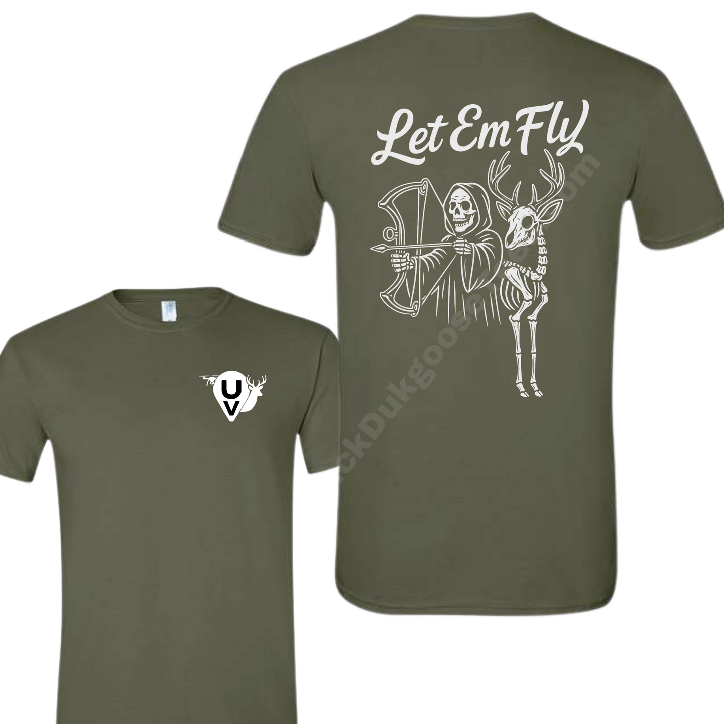 LET EM FLY - skeleton with bow and arrow - skeleton deer- UV ultra View drone recovery logo