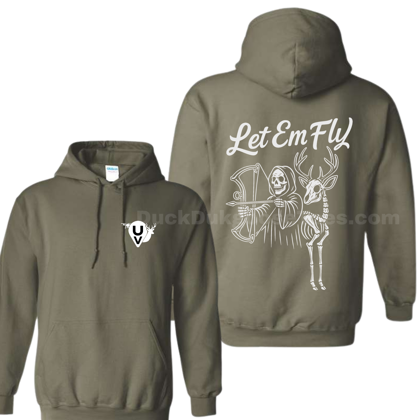 LET EM FLY - skeleton with bow and arrow - skeleton deer- UV ultra View drone recovery logo