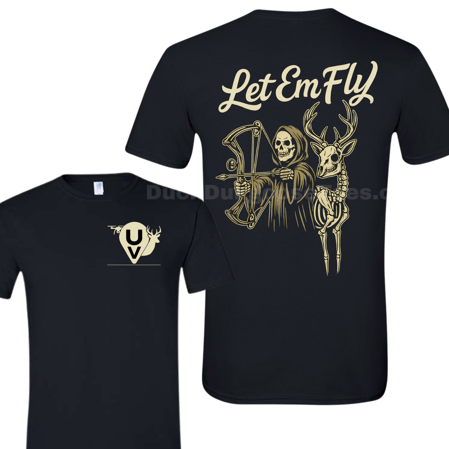 LET EM FLY - skeleton with bow and arrow - skeleton deer- UV ultra View drone recovery logo