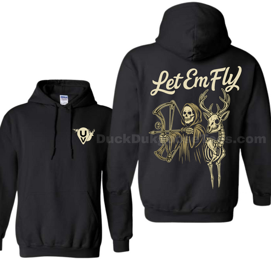 LET EM FLY - skeleton with bow and arrow - skeleton deer- UV ultra View drone recovery logo