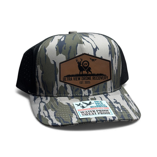 5 PANEL, RUT READY CAMO WITH ULTRA VIEW DRONE RECOVERY BROWN LEATHER PATCH