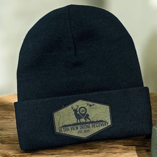 BLACK BEANIE WITH ULTRA VIEW DRONE RECOVERY GREEN TOPO LEATHER PATCH