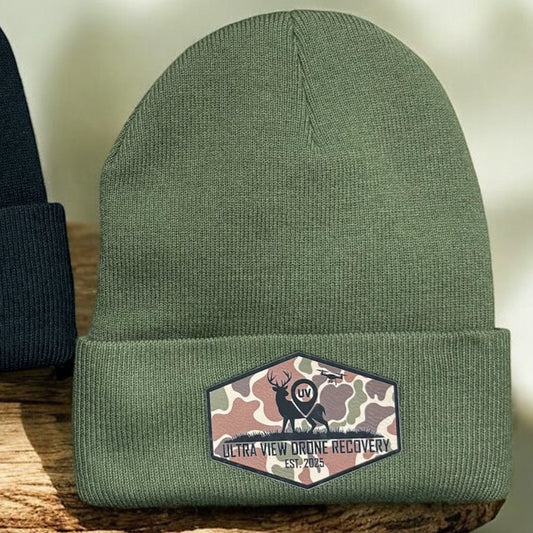 GREEN BEANIE WITH ULTRA VIEW DRONE RECOVERY CAMO LEATHER PATCH